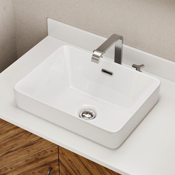 Los Flexi Semi Recessed Vessel Bathroom Sink 16 in. x 12 in. Round Corner White Ceramic Rectangular Basin with Overflow