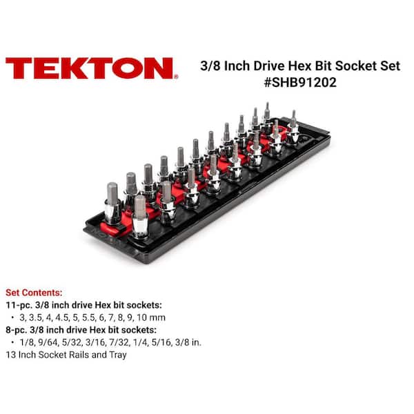 3/8 in. Drive Hex Bit Socket Set, 19-Piece (1/8-3/8 in., 3-10 mm) with Rails