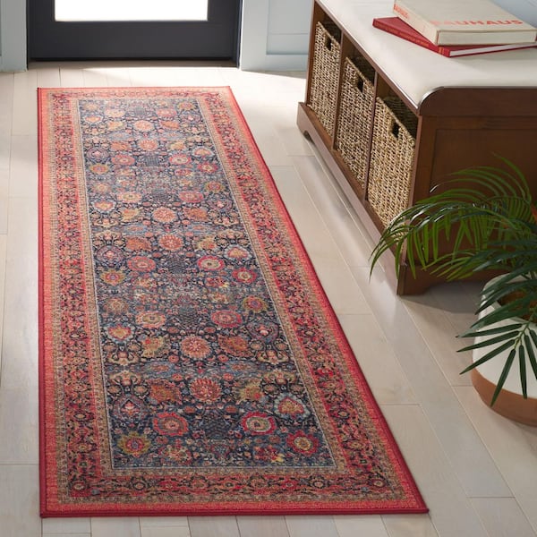 Journey 2 ft. x 8 ft. Navy/Rust Beige Machine Washable Ornate Border Runner Rug