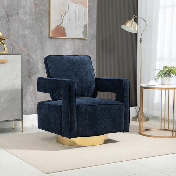 Unbranded 30.7 in. W Blue Chenille 360° Swivel Arm Chair with Open Back and Gold Stainless Steel Base Club Chair Leisure Armchair