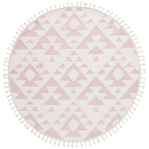 Moroccan Tassel Shag Ivory/Pink 5 ft. x 5 ft. High-Low Geometric Fringe Round Area Rug