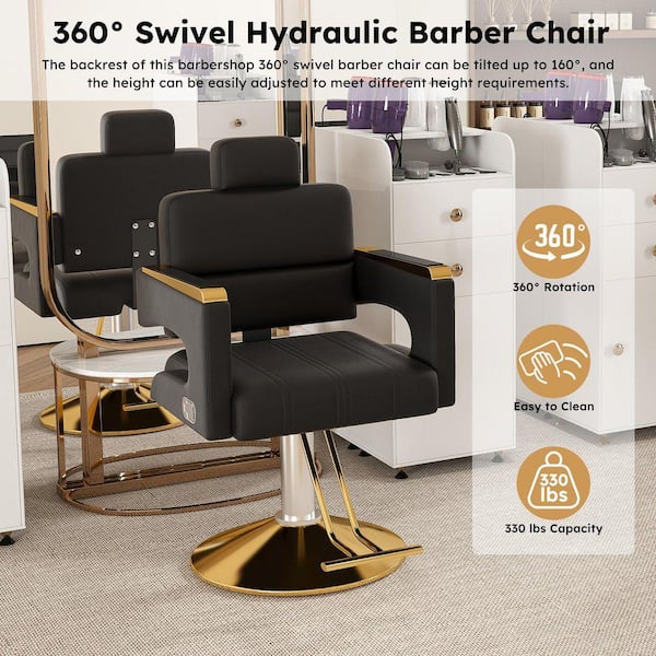 PU Leather Reclining Hydraulic Barber Chair in Black Glod 360