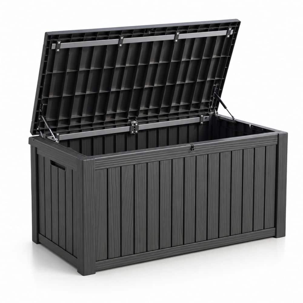 180 Gal. Extra Large Black Resin Deck Box with Dual Gas Struts 2 Metal Rods Lockable Patio Garden Outdoor Storage
