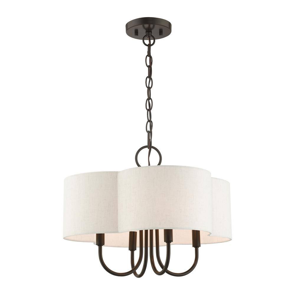 English Bronze Solstice Drum Chandelier with Oatmeal Shade