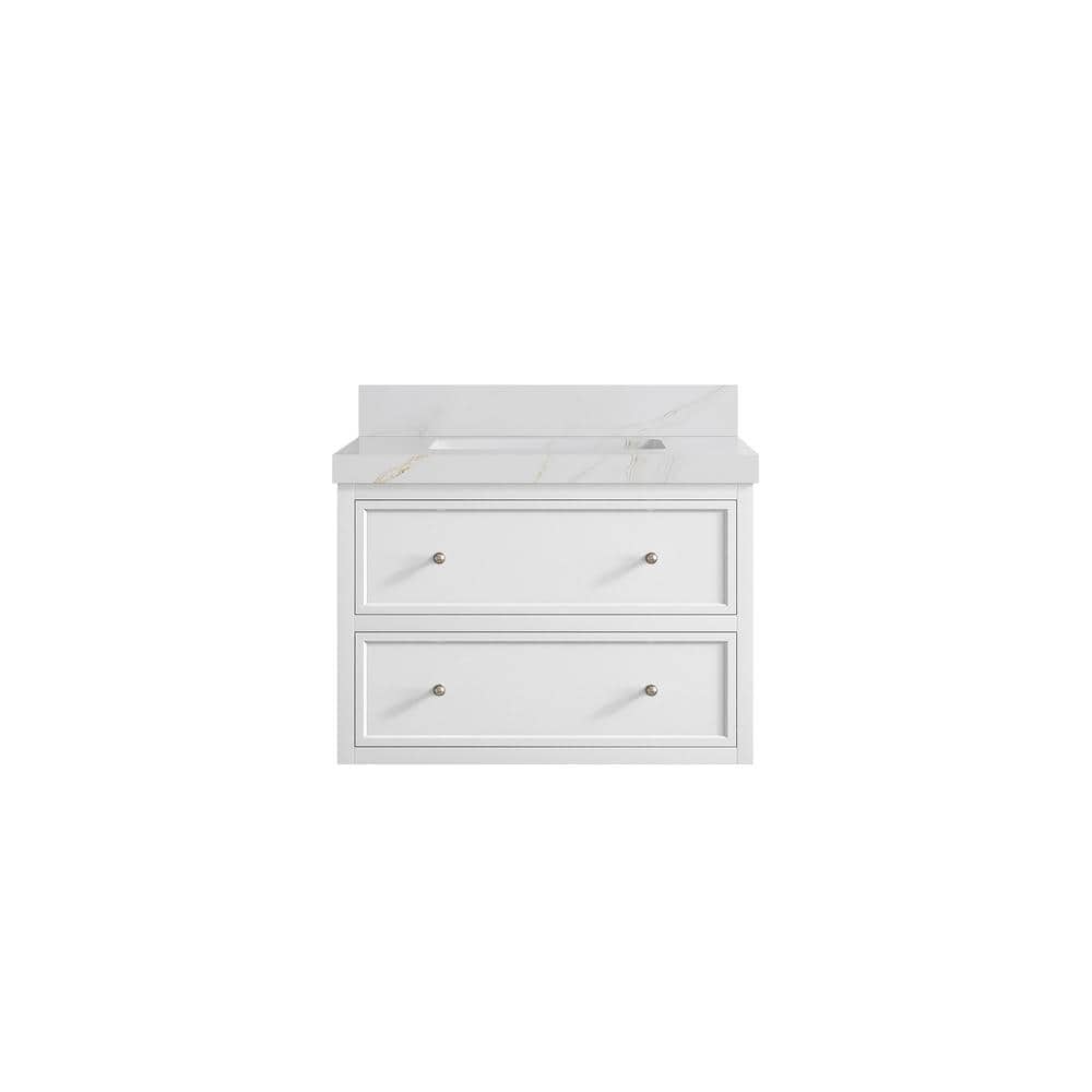Roswell Floating 30 in. Single Sink Freestanding White Bath Vanity with Calacatta Sienna Qt. Top Unassembled