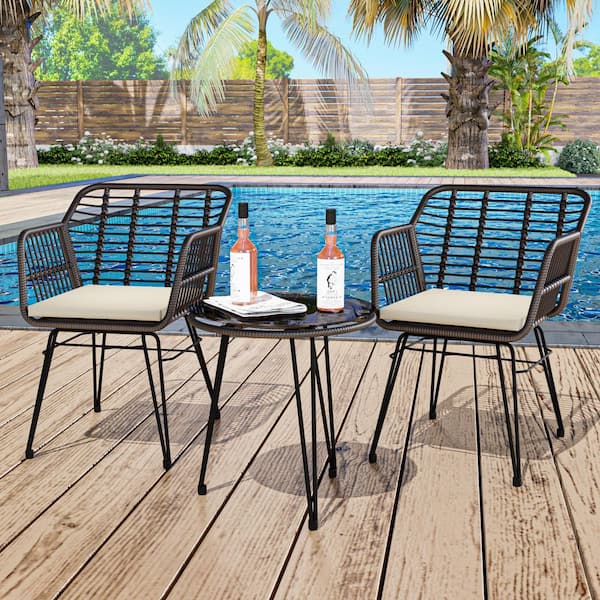 Esunny 3-Piece Wicker Outdoor Patio Bistro Sets Conversation Set with Lonuge Chair, Round Table and Beige Cushions