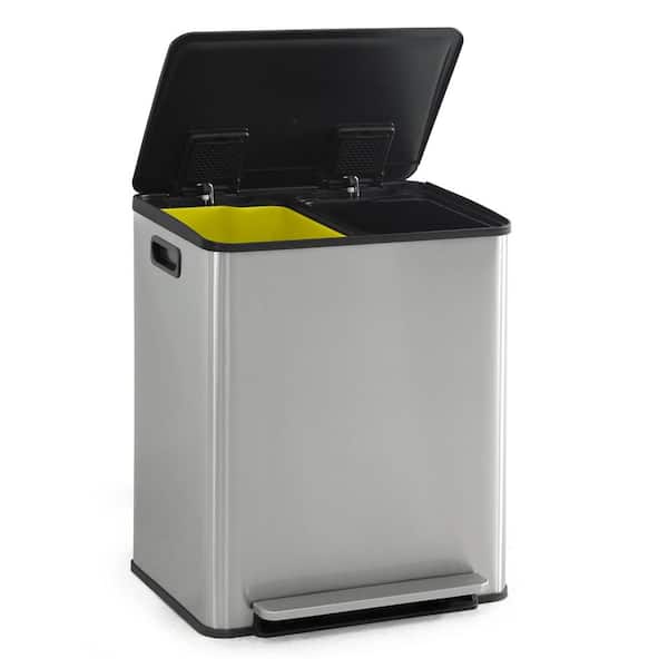 13.2 gal. Silver Stainless Steel Metal Household Dual Trash Can with Single Lid 25L Plus 25L
