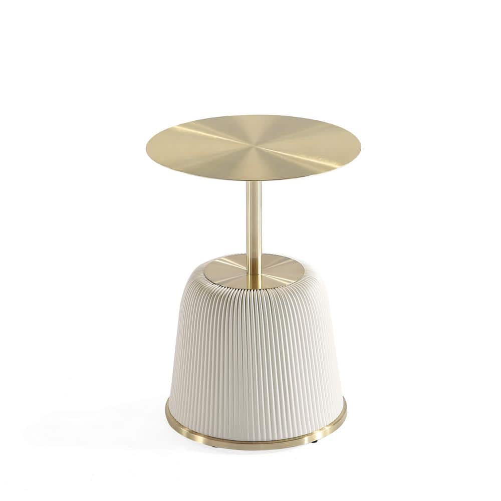 Cream and Gold Round Metal Accent Table with Ridged Base