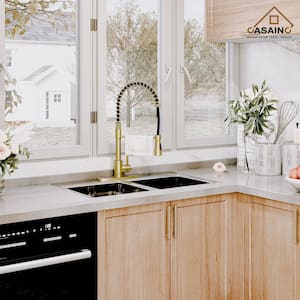 Single-Handle Spring Standard Kitchen Faucet with Dual Function Sprayhead and Deckplate Included in Brushed Gold