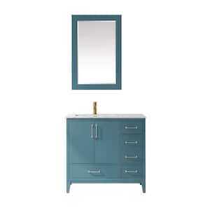 Sutton 36 in. Single Bathroom Vanity Set in Royal Green and Carrara White Marble Countertop with Mirror