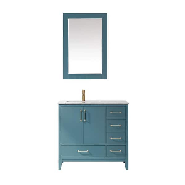 Altair Sutton 36 in. Single Bathroom Vanity Set in Royal Green and Carrara White Marble Countertop with Mirror