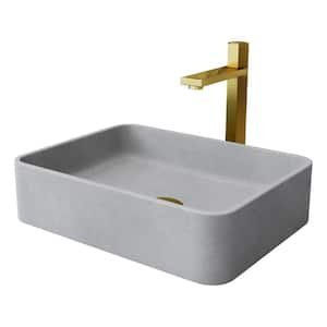 Concreto Stone Rectangular Bathroom Sink With Vessel Faucet in Matte Gold