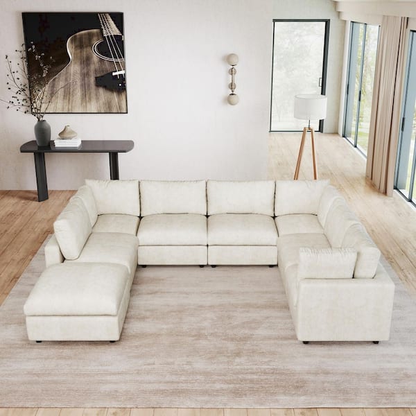 Magic Home Oversized 134 in. Square Arm Gathering 8-Piece Chenille Modular Sectional Sofa with Ottoman, Detachable Covesr in. Beige