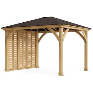 Meridian 10 ft. x 12 ft. Premium Cedar Outdoor Patio Shade Gazebo with a 10 ft. Privacy Wall and Brown Aluminum Roof