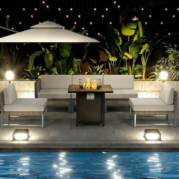 Unbranded Light Brown Rattan Wicker 6-Piece Outdoor Patio Square Fire Pit Furniture Set with Light Gray Cushions
