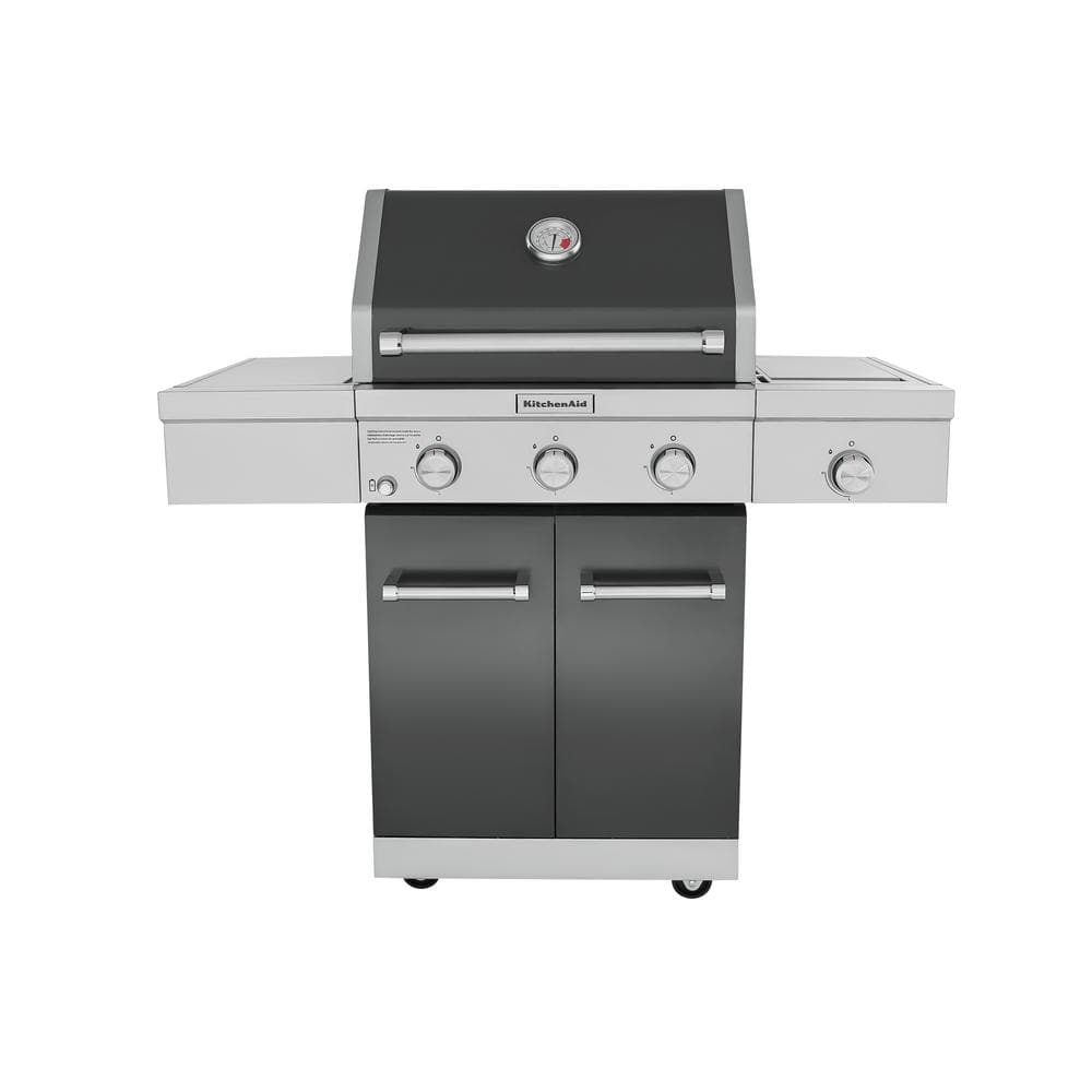 KitchenAid 3-Burner Propane Gas Grill in Slate with Ceramic Sear Side Burner, Grey -  720-0953B