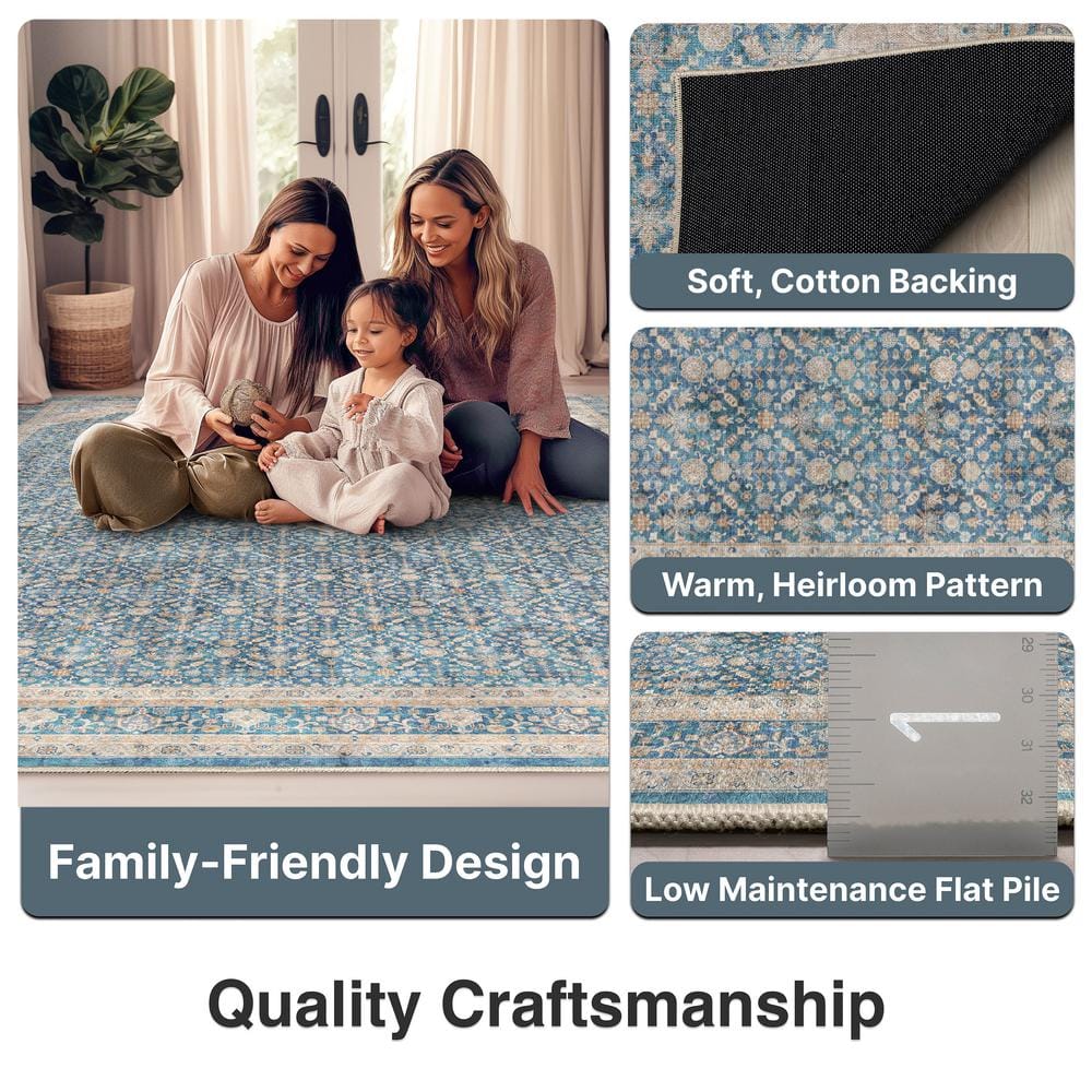 Blue Chenille Oriental Washable Reversible 5' x 7' Rug