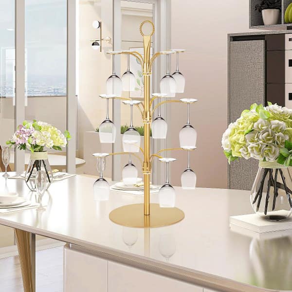 Black Freestanding Cocktail Tower 3 Tier Rotating Wine Glass Rack Holds 12 Glasses for Bar Home Parties