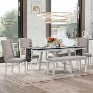 6-Pcs Gray and White Wood Dining Set with 12 in. W Removable Leaves, 4 Upholstered Wingback Chairs and Bench