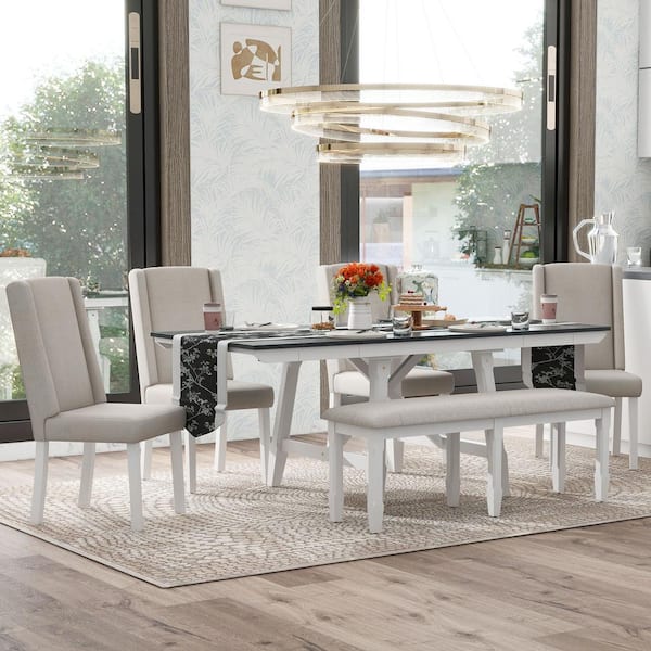 Harper & Bright Designs 6-Pcs Gray and White Wood Dining Set with 12 in. W Removable Leaves, 4 Upholstered Wingback Chairs and Bench