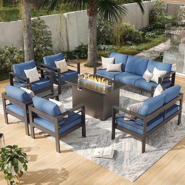 ELPOSUN 7-Piece Charcoal Gray Aluminum Patio Conversation Set with Navy Cushions and Fire Pit