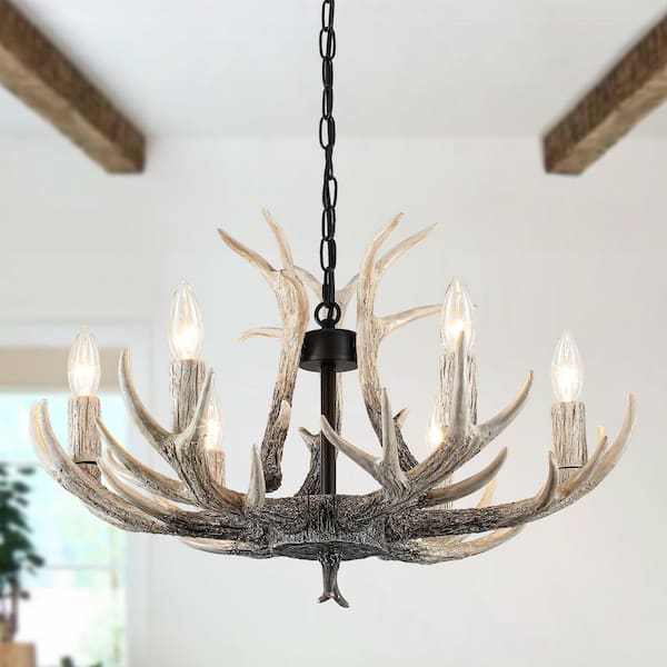 6-Light Black Antler Chandelier Vintage Rustic Farmhouse Pendant Light for Dining Room