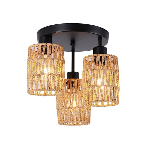 UMEILUCE 11.8 in. 3-Light Brown and Black Rustic Rattan Semi-Flush Mount for Hallway Entrance Dining Room Bedroom
