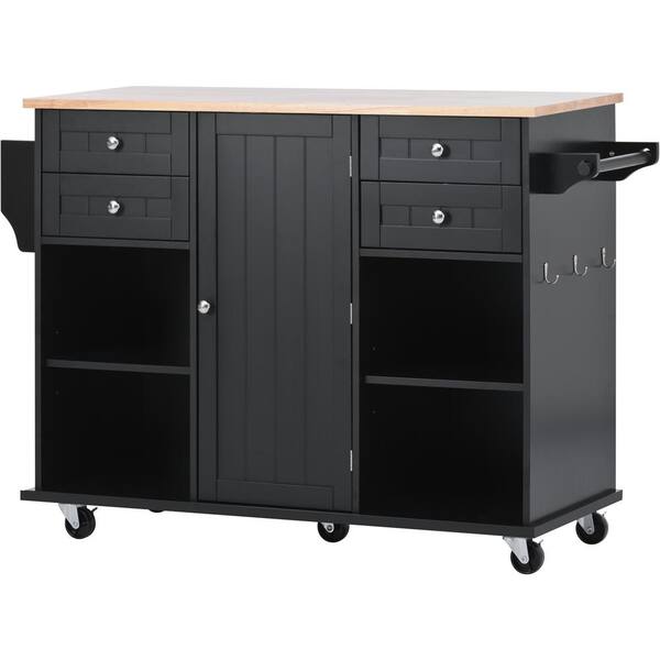 Tileon Black MDF Kitchen Island with Rubber Wood Top, Drawers, Adjust Shelves, Spice Rack and Hooks