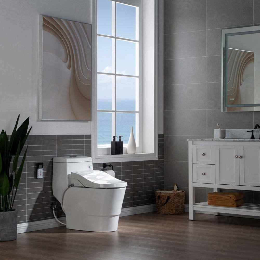 White Porcelain Elongated One-Piece Dual Flush Toilet with Smart Bidet