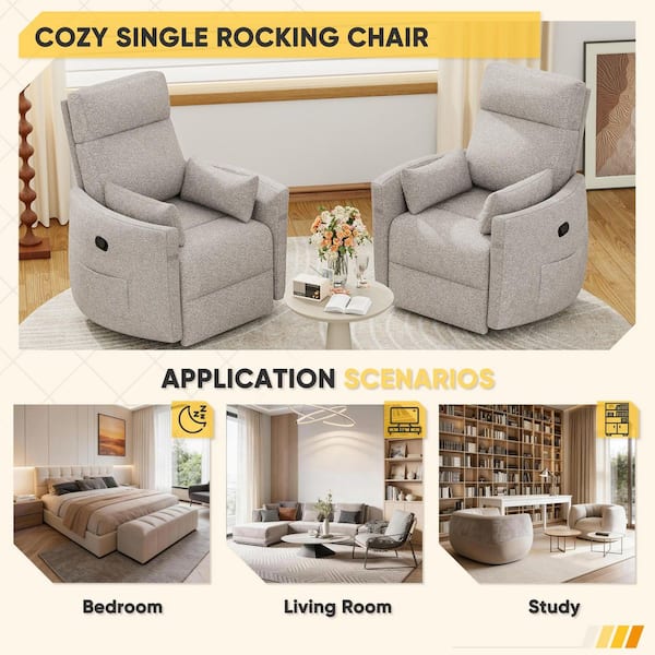 LACOO Light Gray Rocking Swivel Recliner Chair with Side Pockets