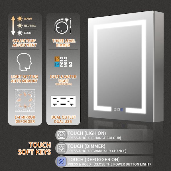 GroGro Glare 24 in. W x 30 in. H Rectangular Aluminum Recessed/Surface Mount Left Open Medicine Cabinet with Mirror LED