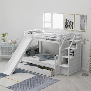 White Alaina Twin over Full Bunk Bed with Drawers and Slide