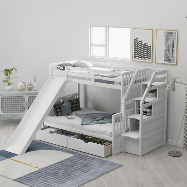 Qualler White Alaina Twin over Full Bunk Bed with Drawers and Slide