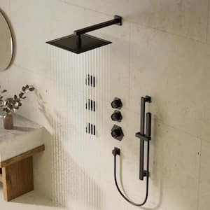 12 in. 5-Spray Multi-Functionn Shower System Square High Pressure with Hand Shower in Matte Black (Valve Included)