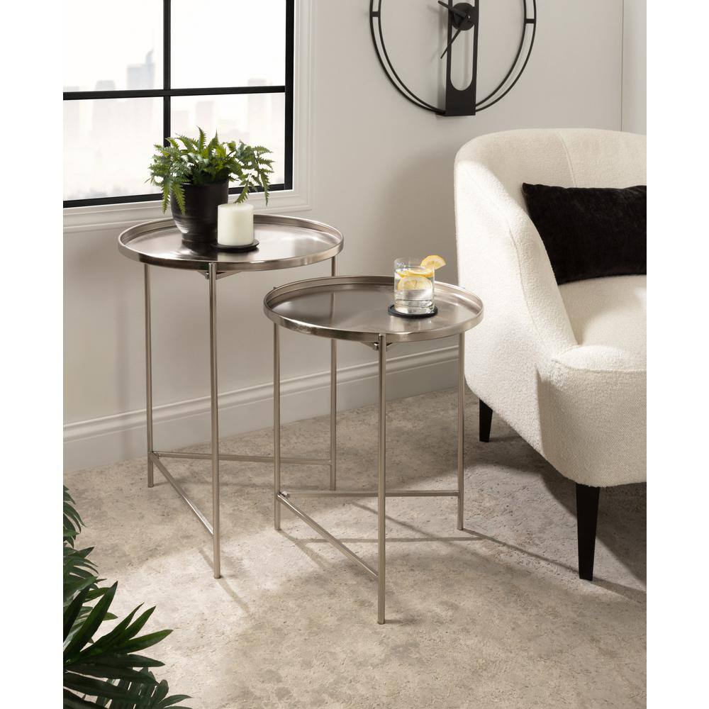 Ulani Satin Silver Nesting Metal Side Tables, Set of 2
