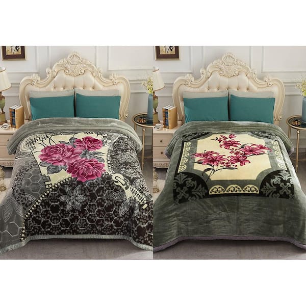 JML Green Floral 2-Ply Reversible Polyester Fleece Mink 85 in. x