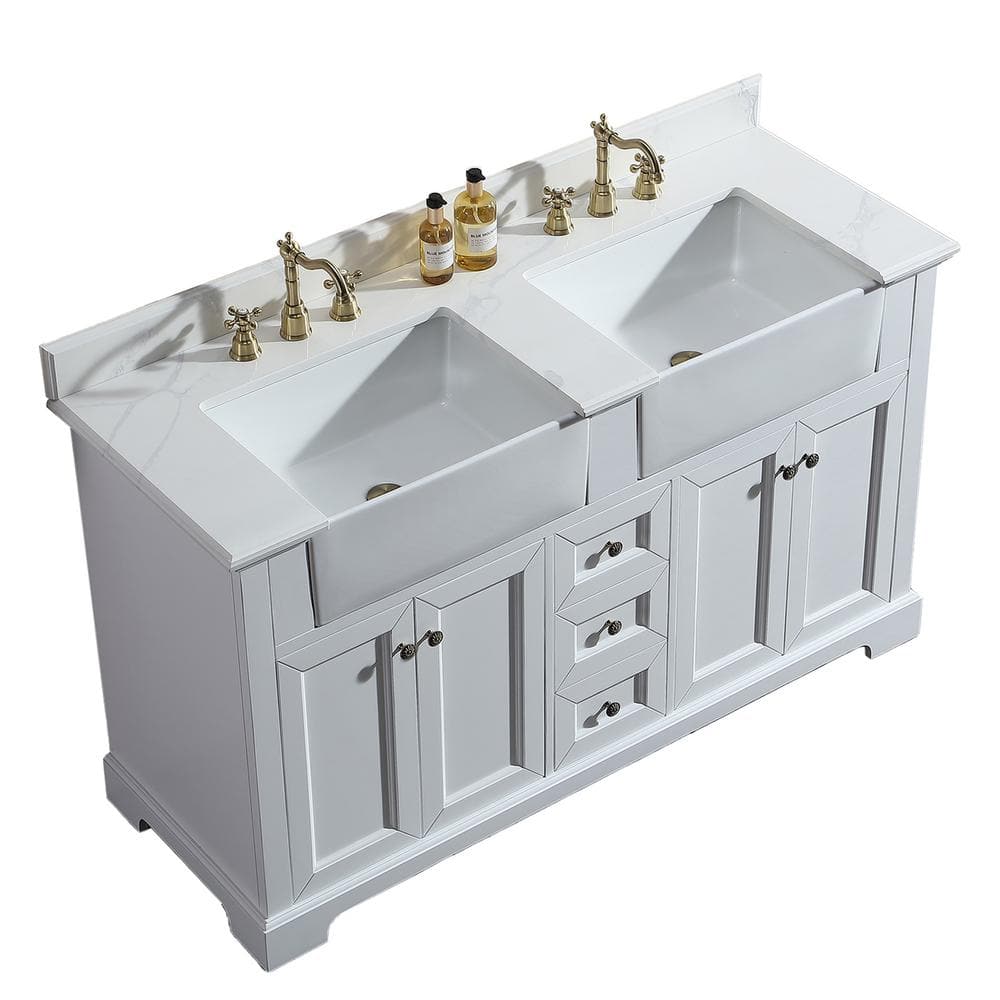 INSTER ANTIQUE 60 in. W x 22 in. D x 35 in. H Double Sink Solid Wood Bath Vanity in White with