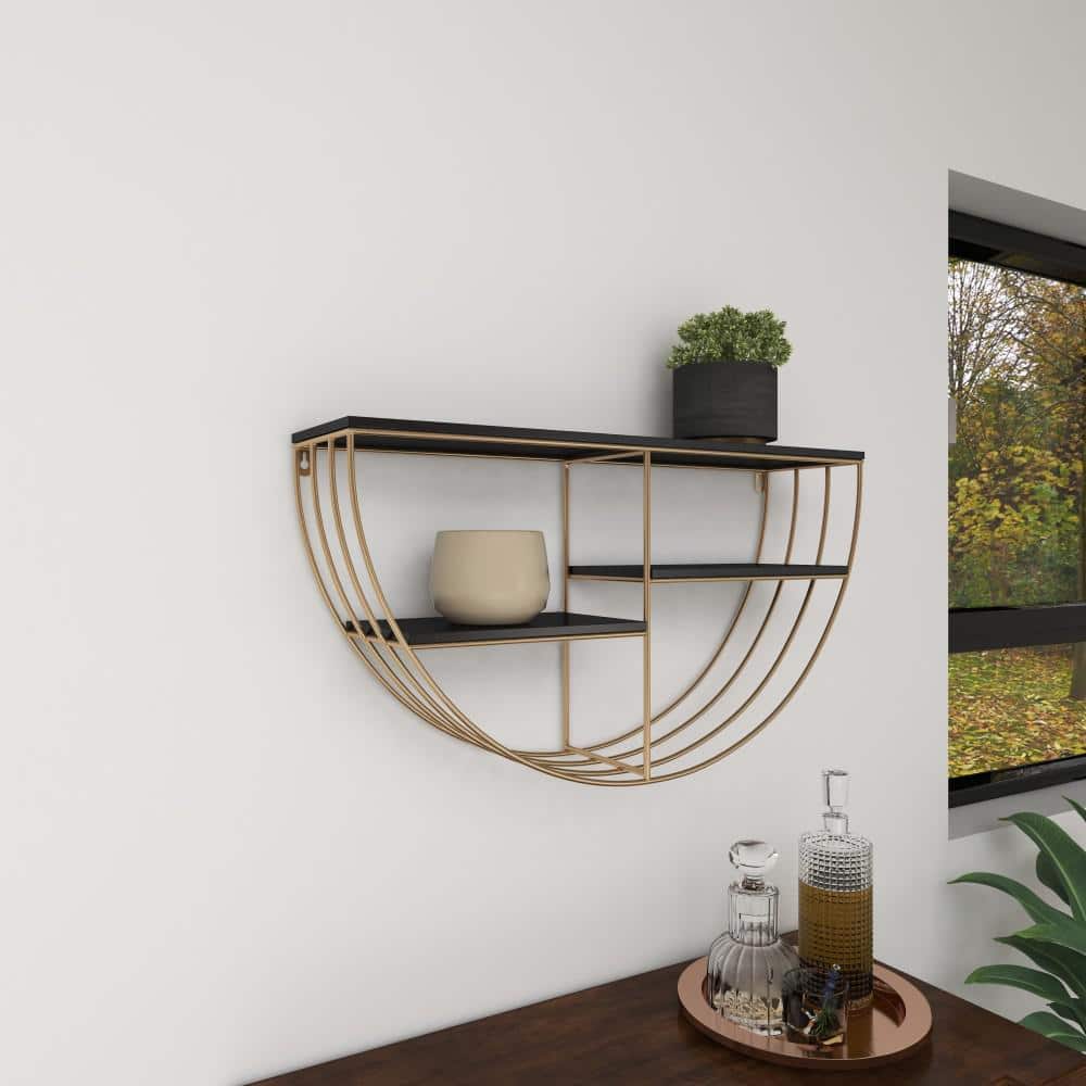Elegant Black and Gold 28" Floating Half Moon Wall Shelf