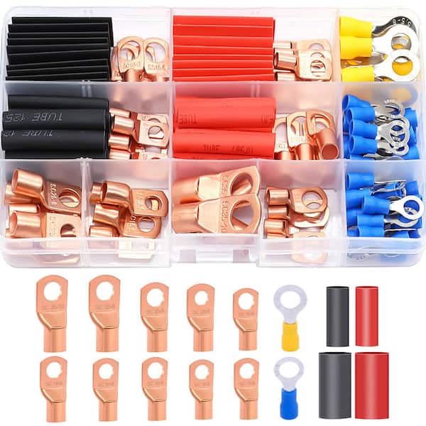 110-Piece Copper Cable Wire Lugs Ring Terminals Connectors 2-16 AWG Gauge with Heat Shrink Tubing M6 M8 Ring Crimp