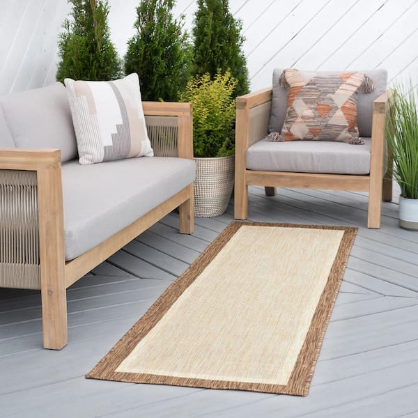 Eco Solid Border Brown 2 ft. x 8 ft. Indoor/Outdoor Runner Rug