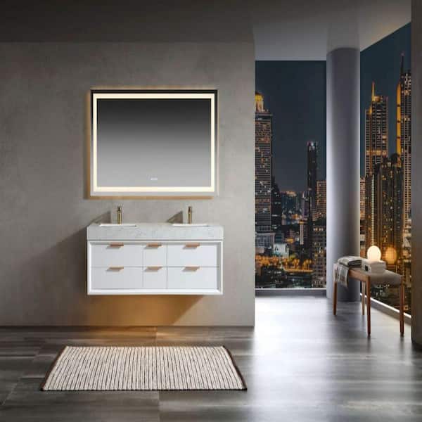 Xspracer Moray 60 in. W x 21 in. D x 21 in. H Double Sinks Floating Bath Vanity in White with White Engineer Stone Composite Top