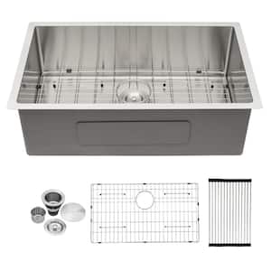 32 in Undermount Single Bowl 16 Gauge Stainless Steel Kitchen Sink Basin with Bottom Rinse Grid, Cutout Template