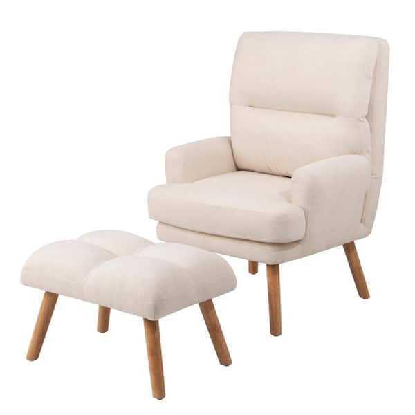 CSC DECOR INC Beige Fabric Arm Accent Chair with Ottoman Set Wood Legs and Adjustable Backrest for Living Room