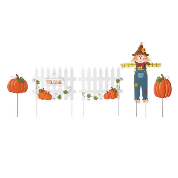 30.75 in. Fall Metal Scarecrow Pumpkin and Fence Yard Stake (Set of 5)