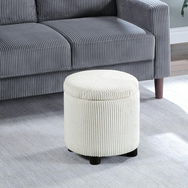 Designs 4 Comfort Ivory Polyester Corduroy Round Accent Storage Ottoman with Reversible Tray