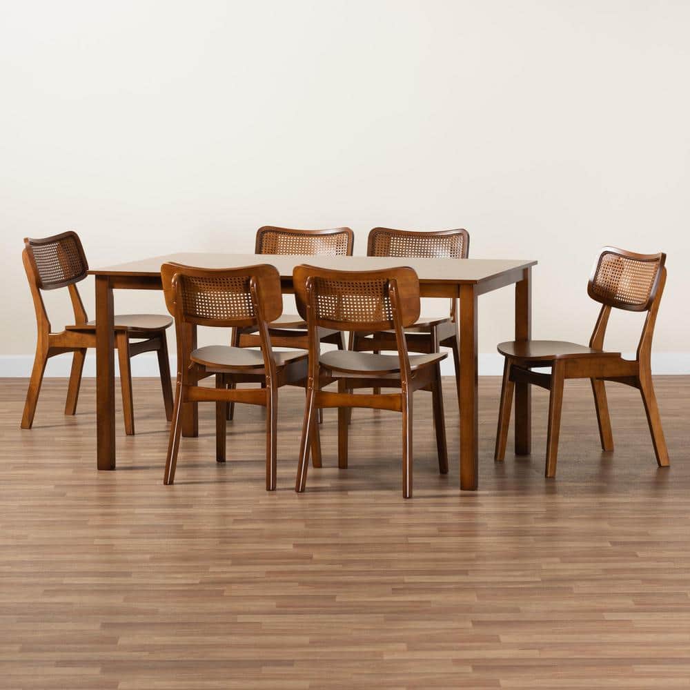 Mid-Century Walnut Brown Wood and Rattan 7-Piece Dining Set