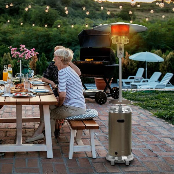 hanover steel umbrella patio heater 7-Ft. 48,000 BTU Propane in Stainless Steel with Weather-Protective Cover Add some style and much needed warmth to your outdoor space with this economic and safe patio heater from SUNHEAT. Steel Umbrella Propane Hanover Patio