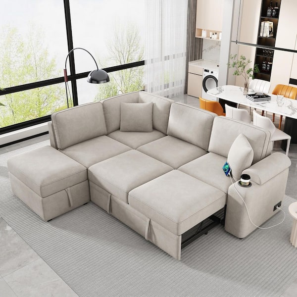 Harper & Bright Designs L-Shaped 84.75 in. Beige Linen Twin Size Sleeper Sofa Bed with Storage Ottoman, Cup Holder, USB Charging Ports
