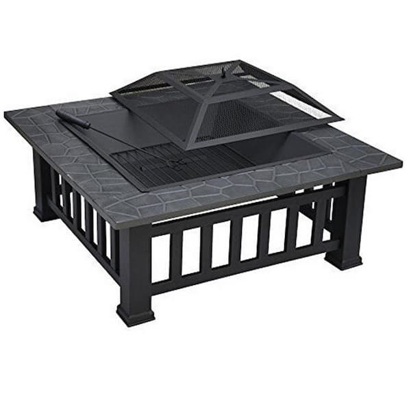 CASAINC 32 in. W x 18 in. H Outdoor Square Metal Wood/Coals Burning Fire Pit with Cover in Black Firepits Home Depot