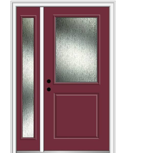 MMI Door 48 in. x 80 in. Right-Hand Inswing Rain Glass Burgundy Fiberglass Prehung Front Door on 4-9/16 in. Frame